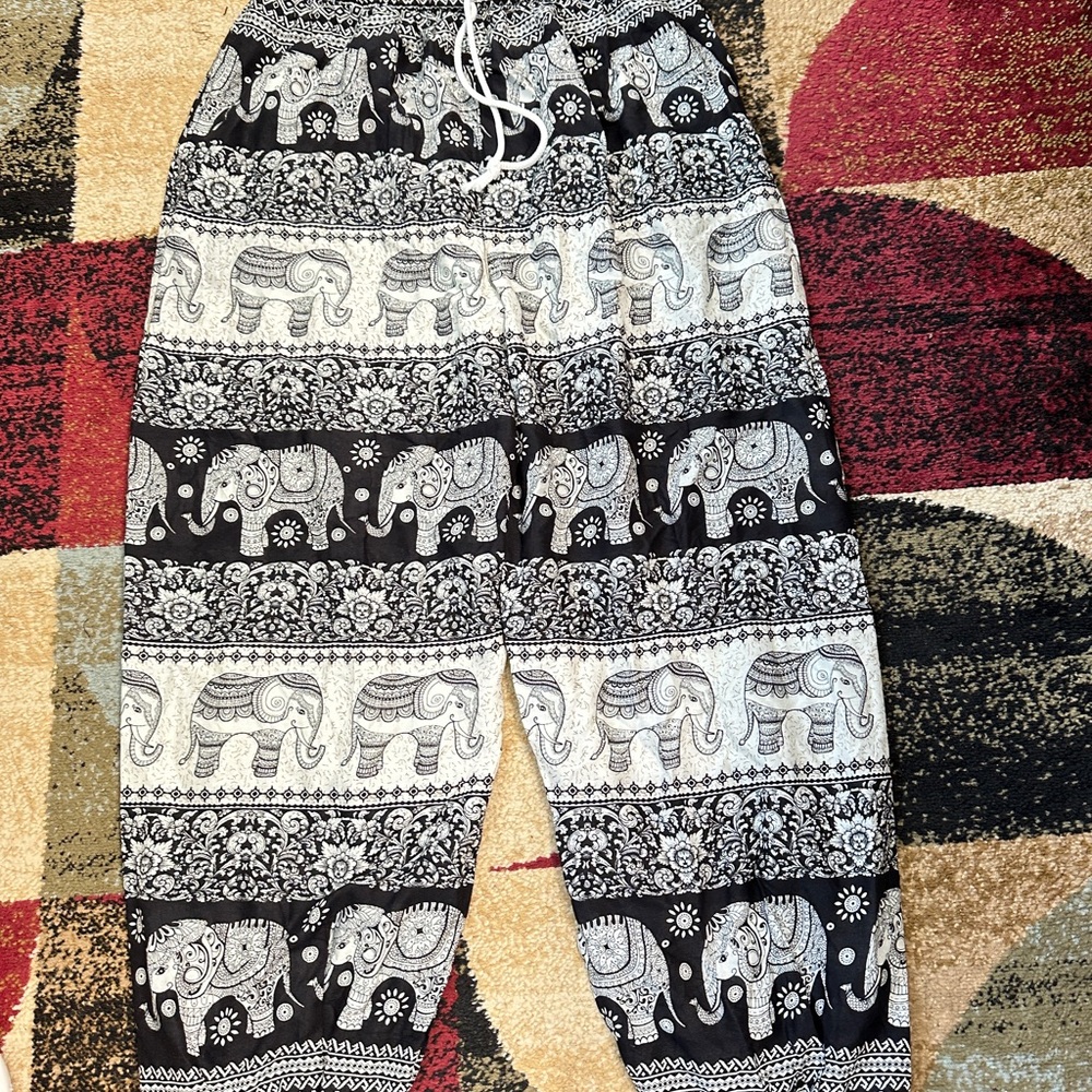 Elephant Print Black and White Pants